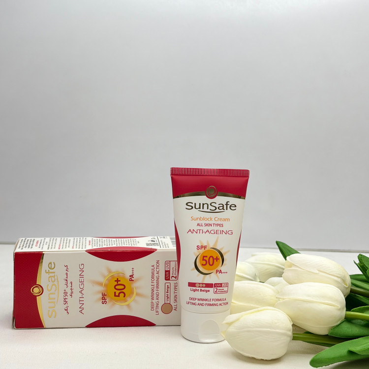 کرم ضدآفتاب و ضد چروک رنگی سان سیف spf50 رنگ بژ روشن مناسب برای انواع پوست ها