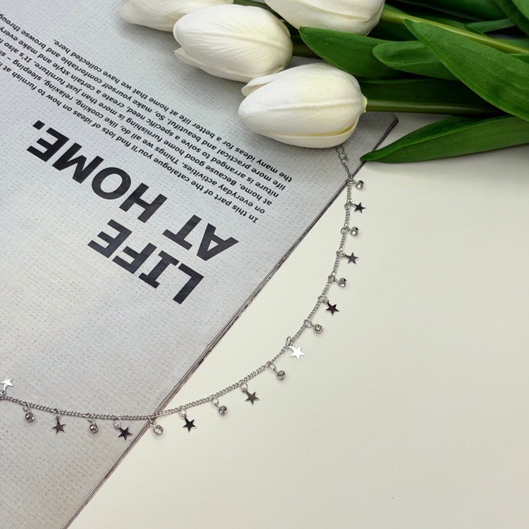 پابند استیل نقره ای طرح آویز ستاره و نگین دار27cm