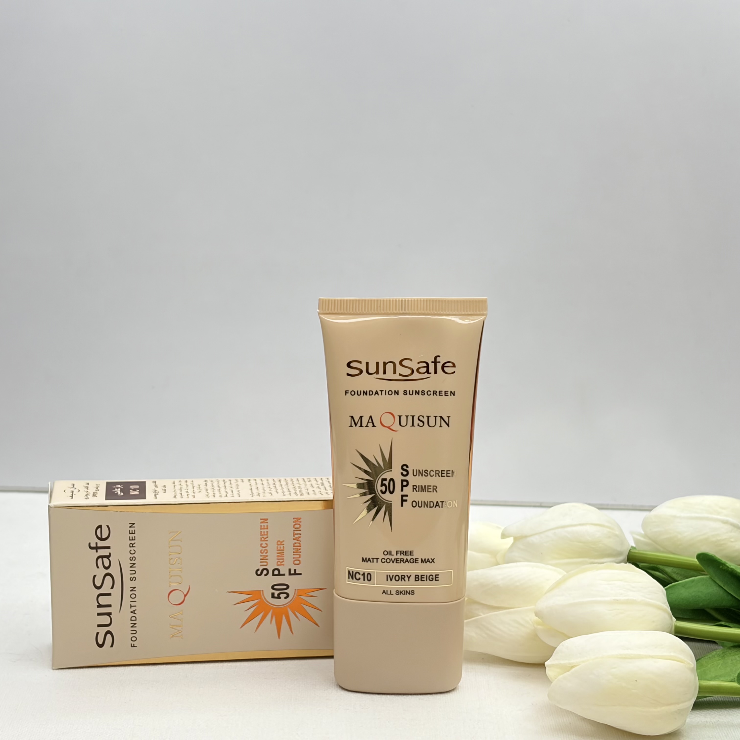 ضدآفتاب کرم پودری و پرایمر spf50 مات کننده و مناسب انواع پوست  رنگ بژ عاجی ۳۰میل