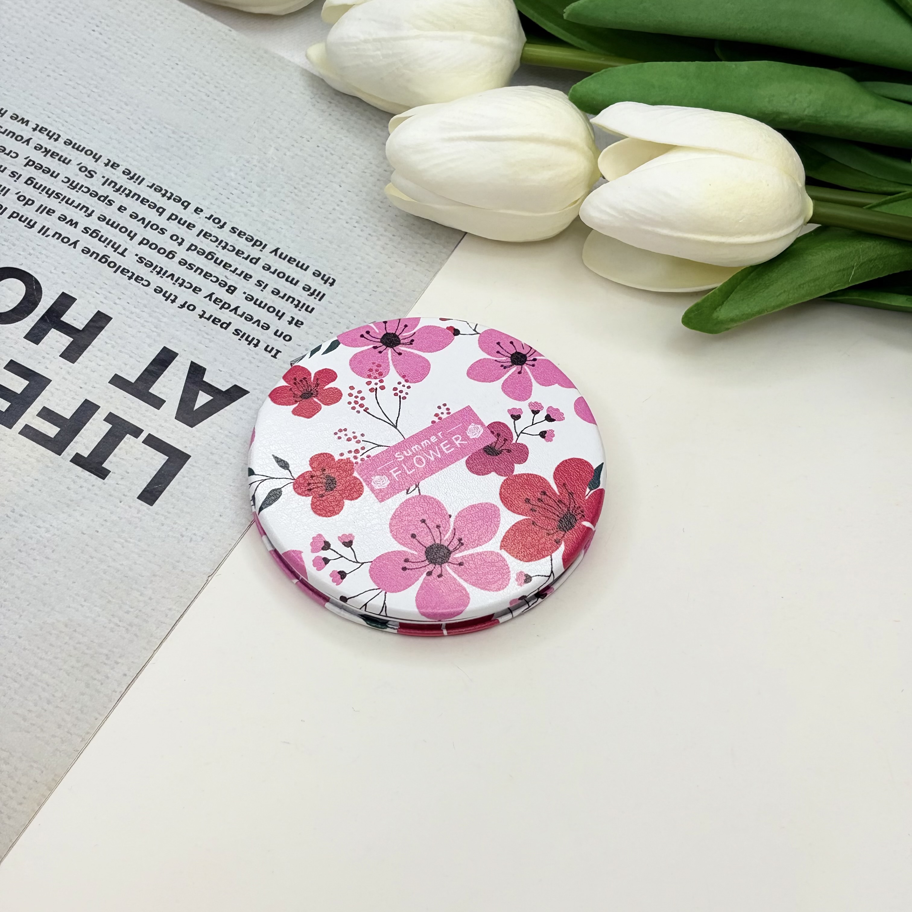 آینه جیبی دوطرفه دایره ای طرح گلدار7cm