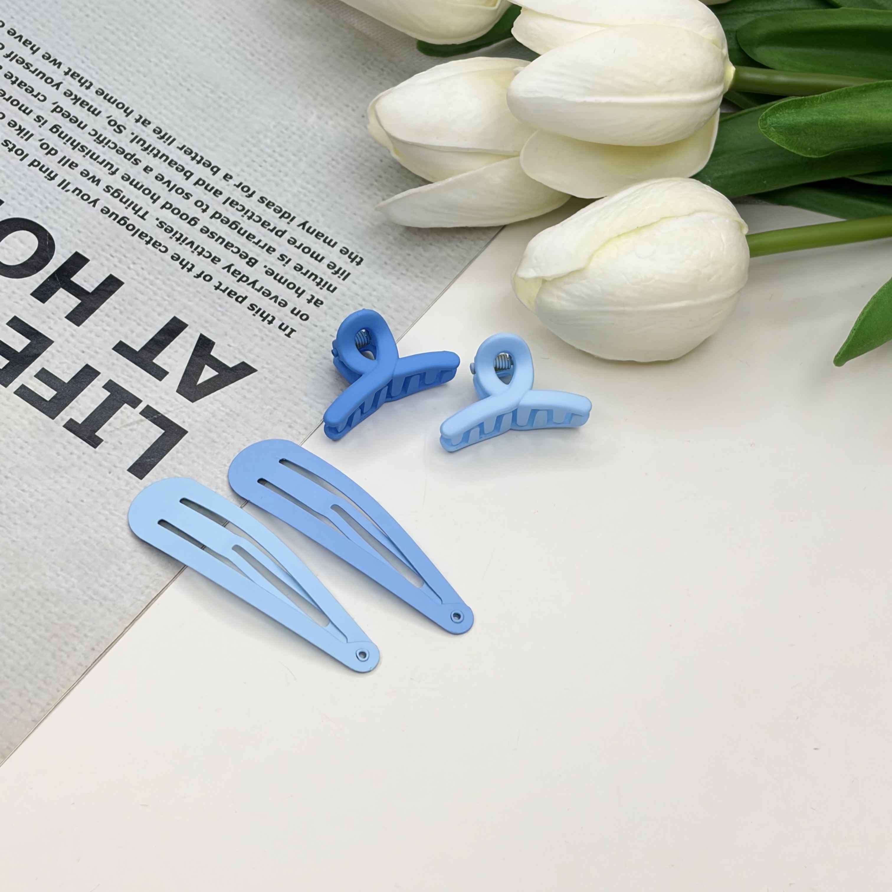 پک ۴تایی گیره مو تق تقی و کلیپس رنگ آبی گیر مو 6cm کلیپس ۲cm