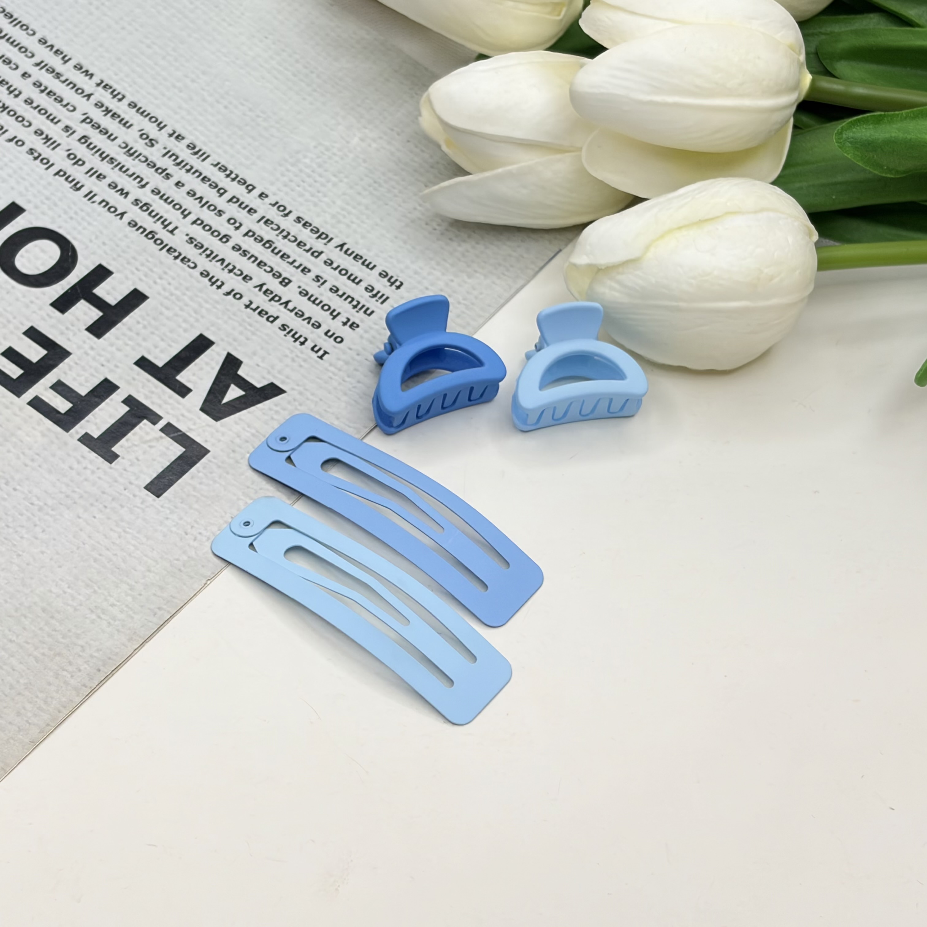 پک ۴تایی گیره مو تق تقی و کلیپس رنگ آبی گیر مو 6cm کلیپس ۲cm