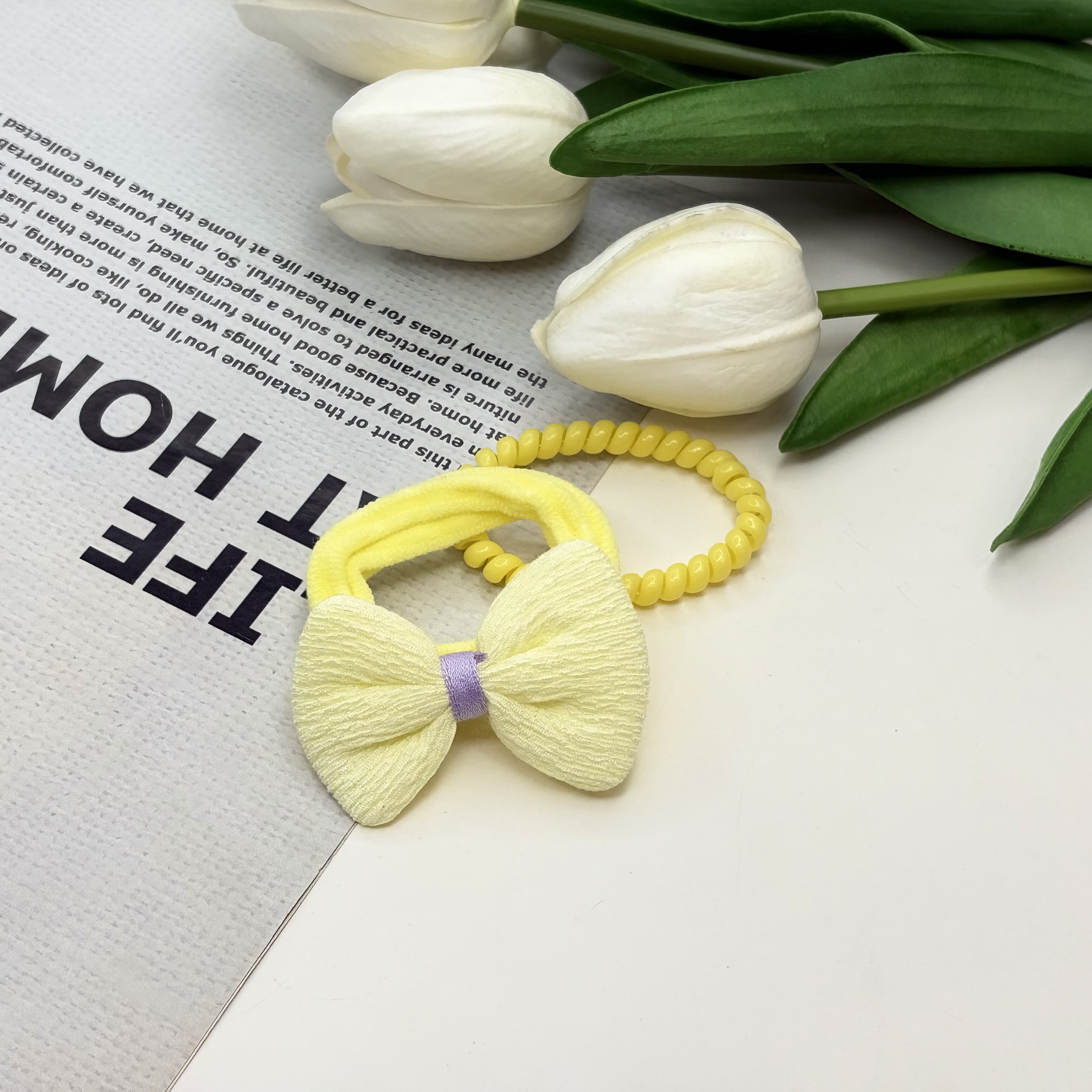پک دوتایی کش مو پاپیون دار حوله ای و سیم تلفنی رنگ زرد