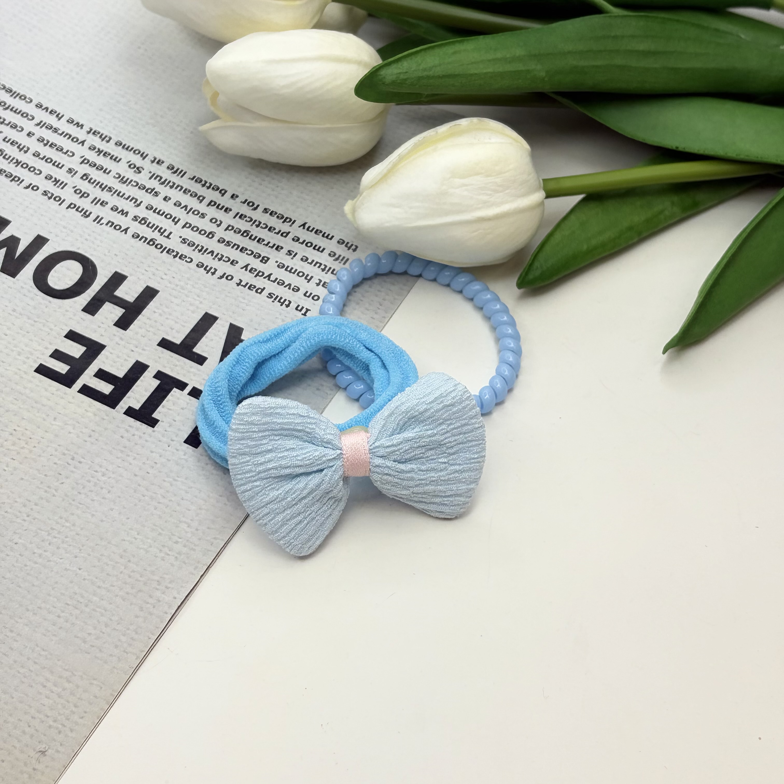پک دوتایی کش مو پاپیون دار حوله ای و سیم تلفنی رنگ آبی