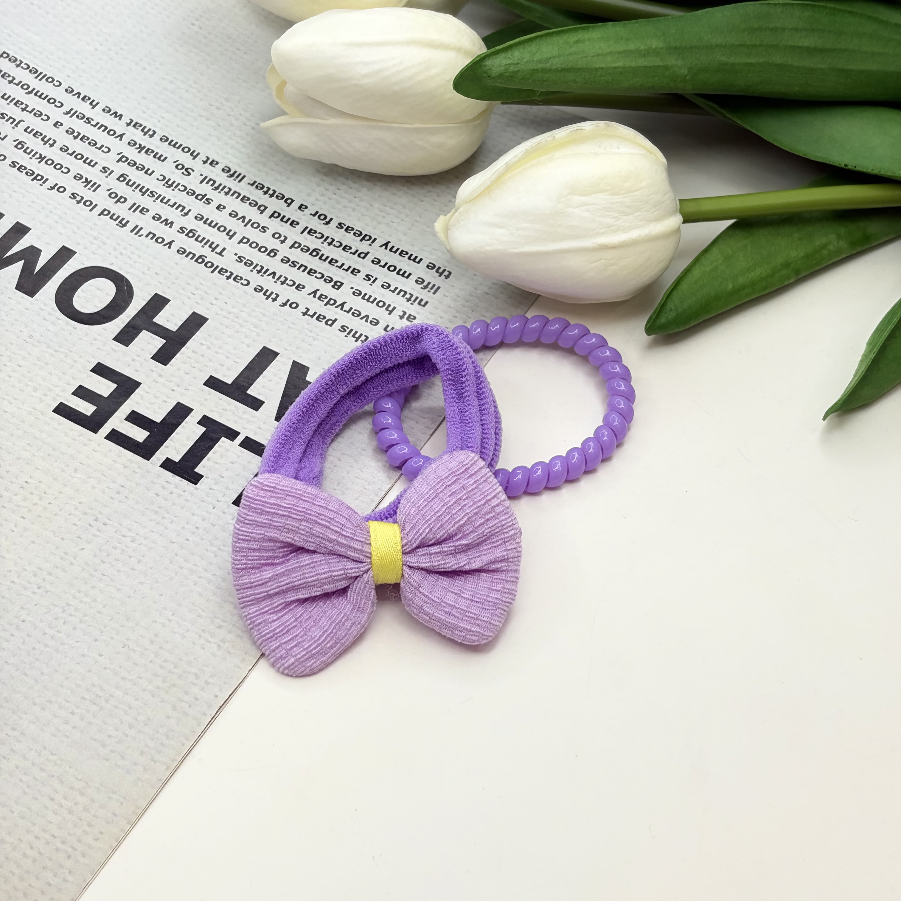 پک دوتایی کش مو پاپیون دار حوله ای و سیم تلفنی رنگ بنفش