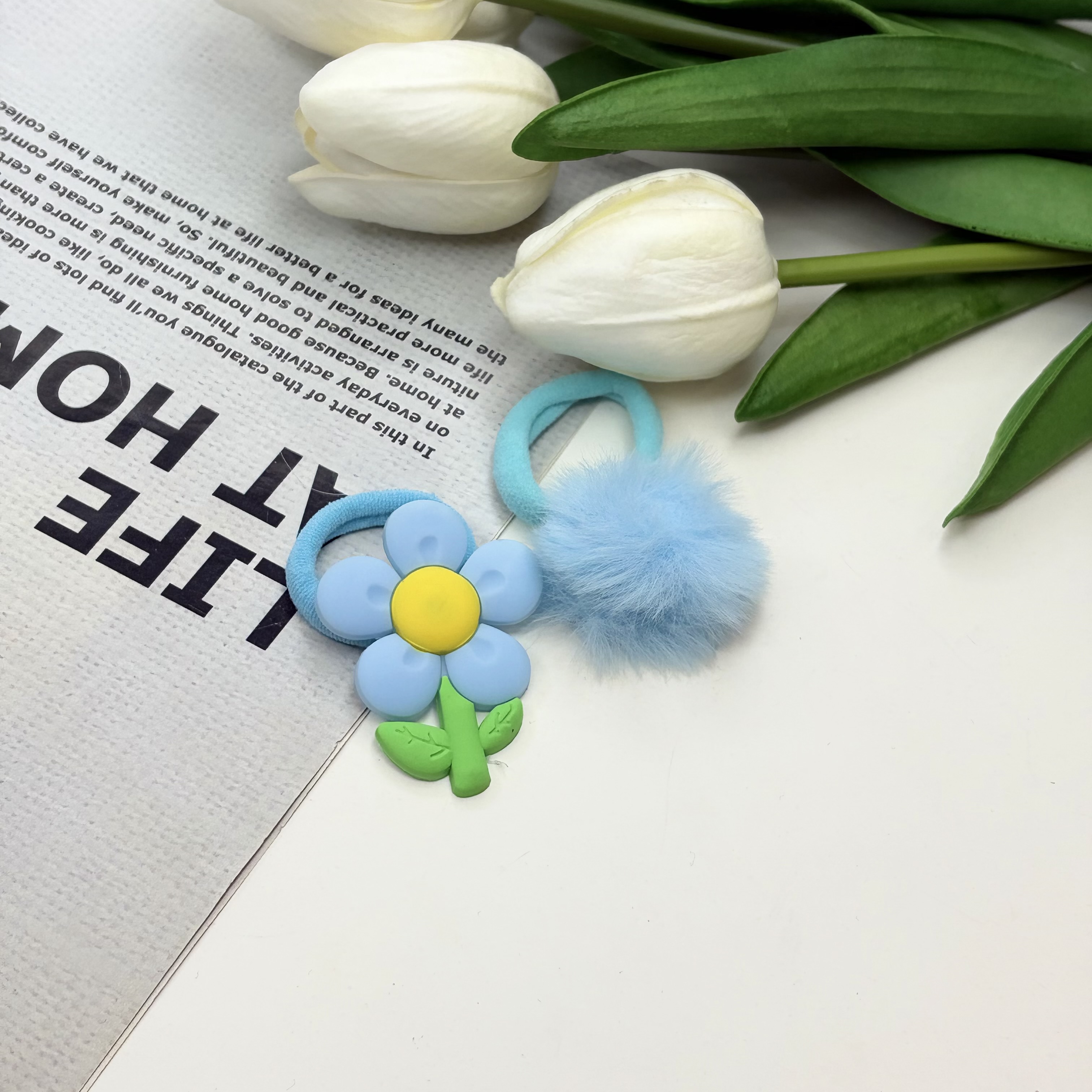 پک دوتایی کش مو حوله ای پیکسل دار‌طرح گل و خز دار رنگ آبی