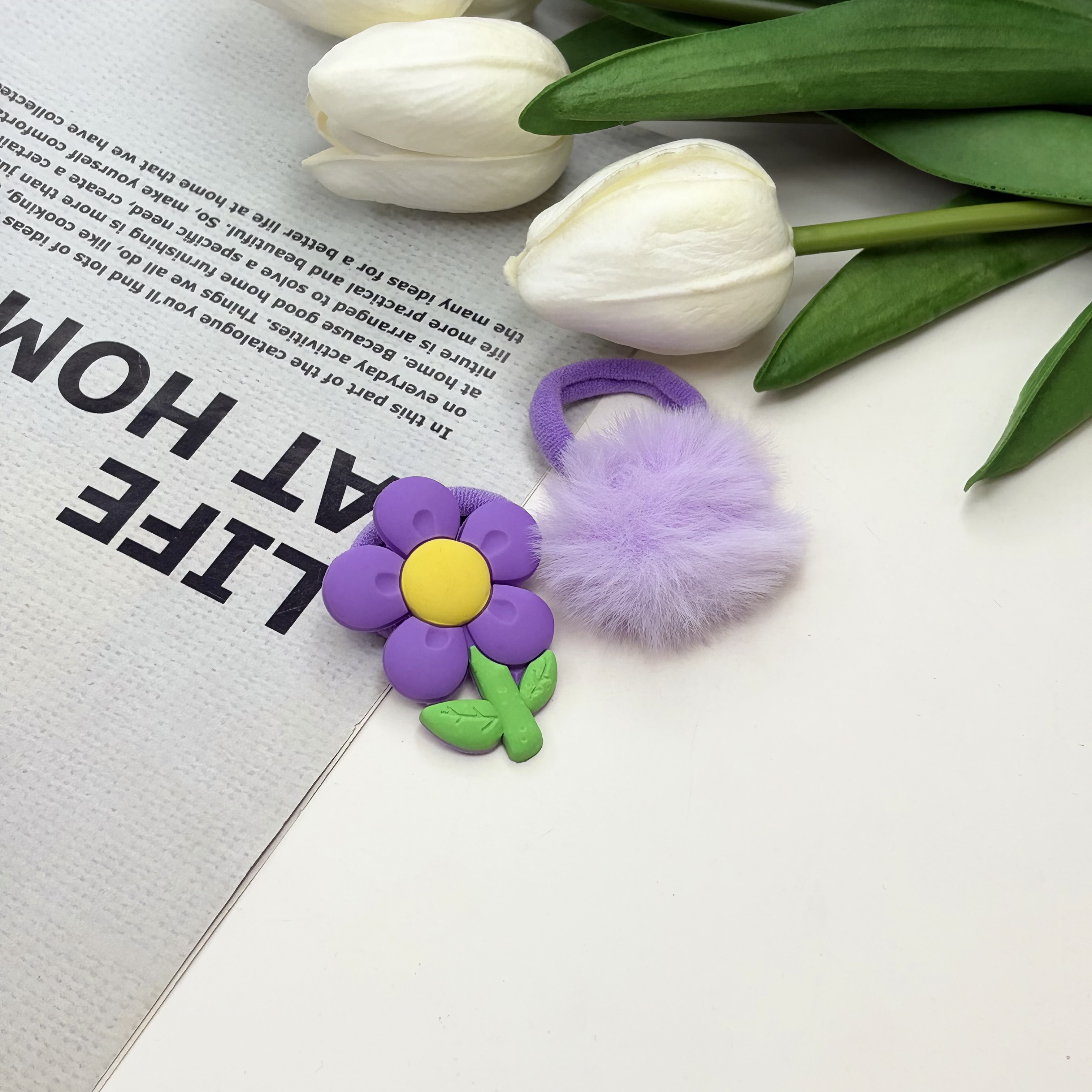 پک دوتایی کش مو حوله ای پیکسل دار‌طرح گل و خز دار رنگ بنفش
