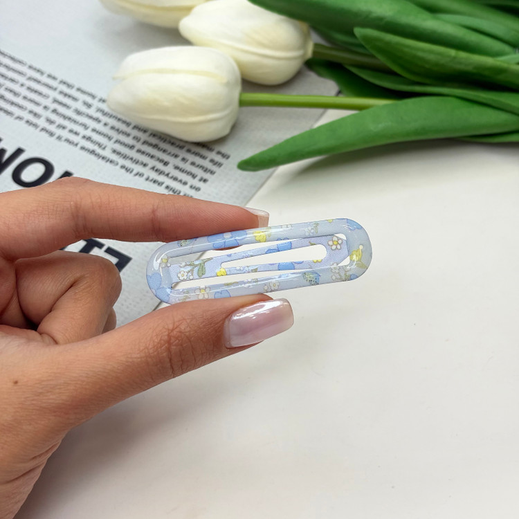 گیره مو جفتی براق تق تقی طرح گلدار وپینترستی رنگ آبی6cm