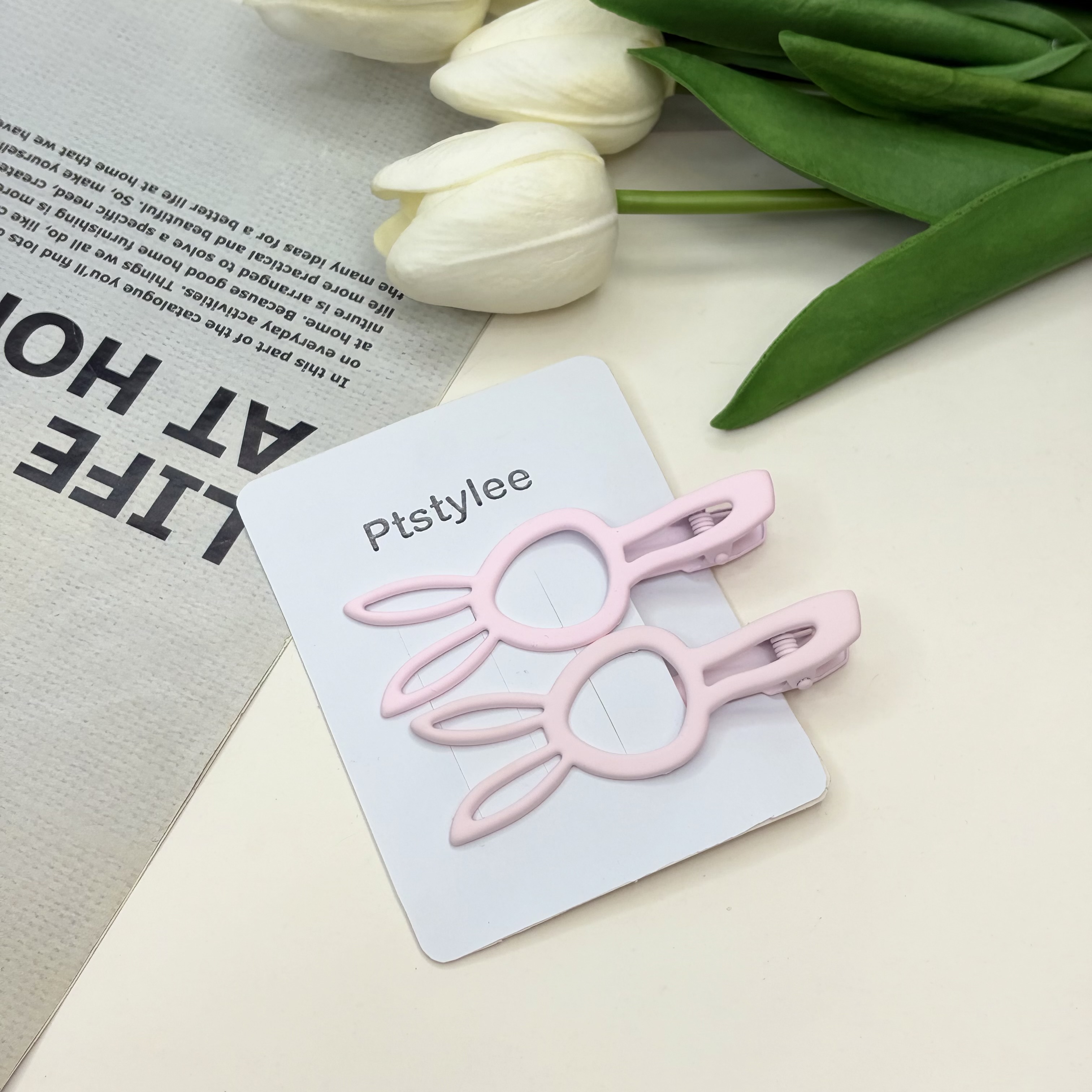گیره مو انبری جفتی طرح خرگوشی رنگ صورتی کمرنگ مات8cm