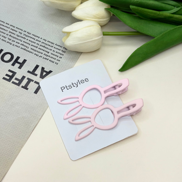 گیره مو انبری جفتی طرح خرگوشی رنگ صورتی کمرنگ مات8cm