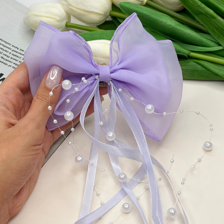 کلیپس فرانسوی مو دو پاپیونی آویزدار مروراید و روبان گیر مو 8cm و پاپیون 15cm