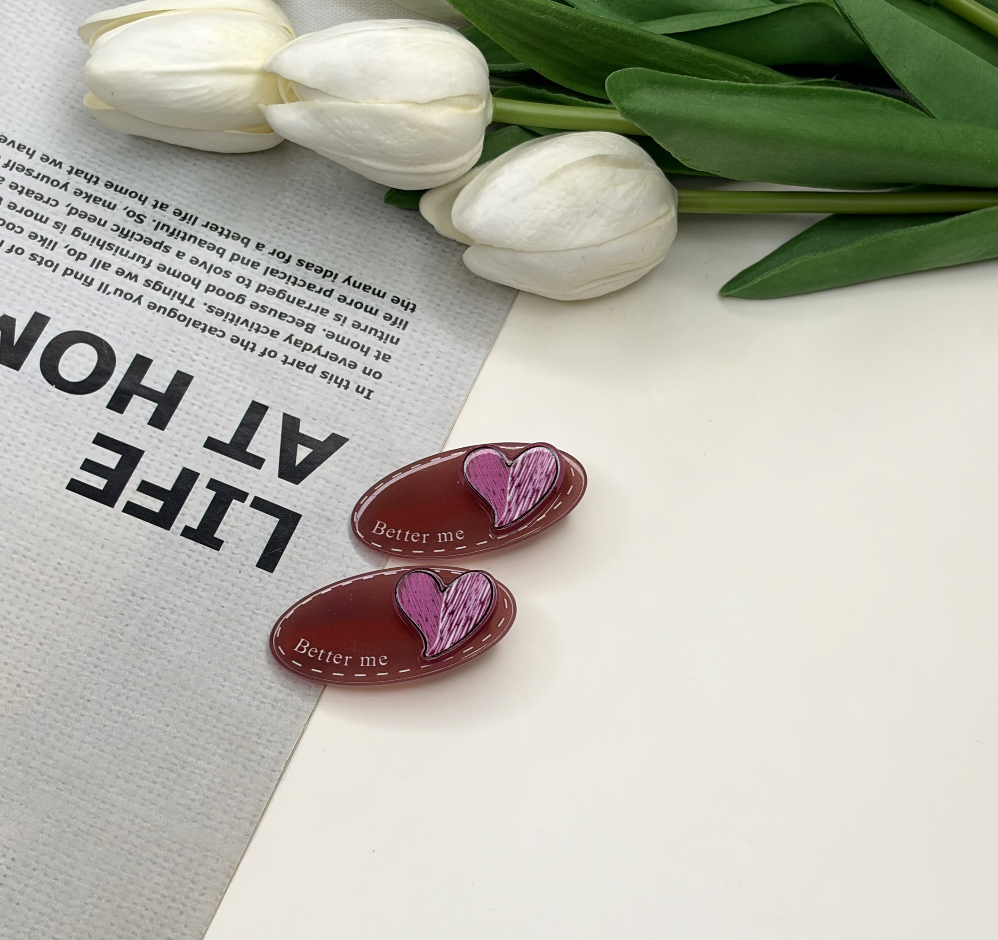 گیره مو انبری  سرامیکی جفتی آبنباتی طرح قلبی رنگ زرشکی