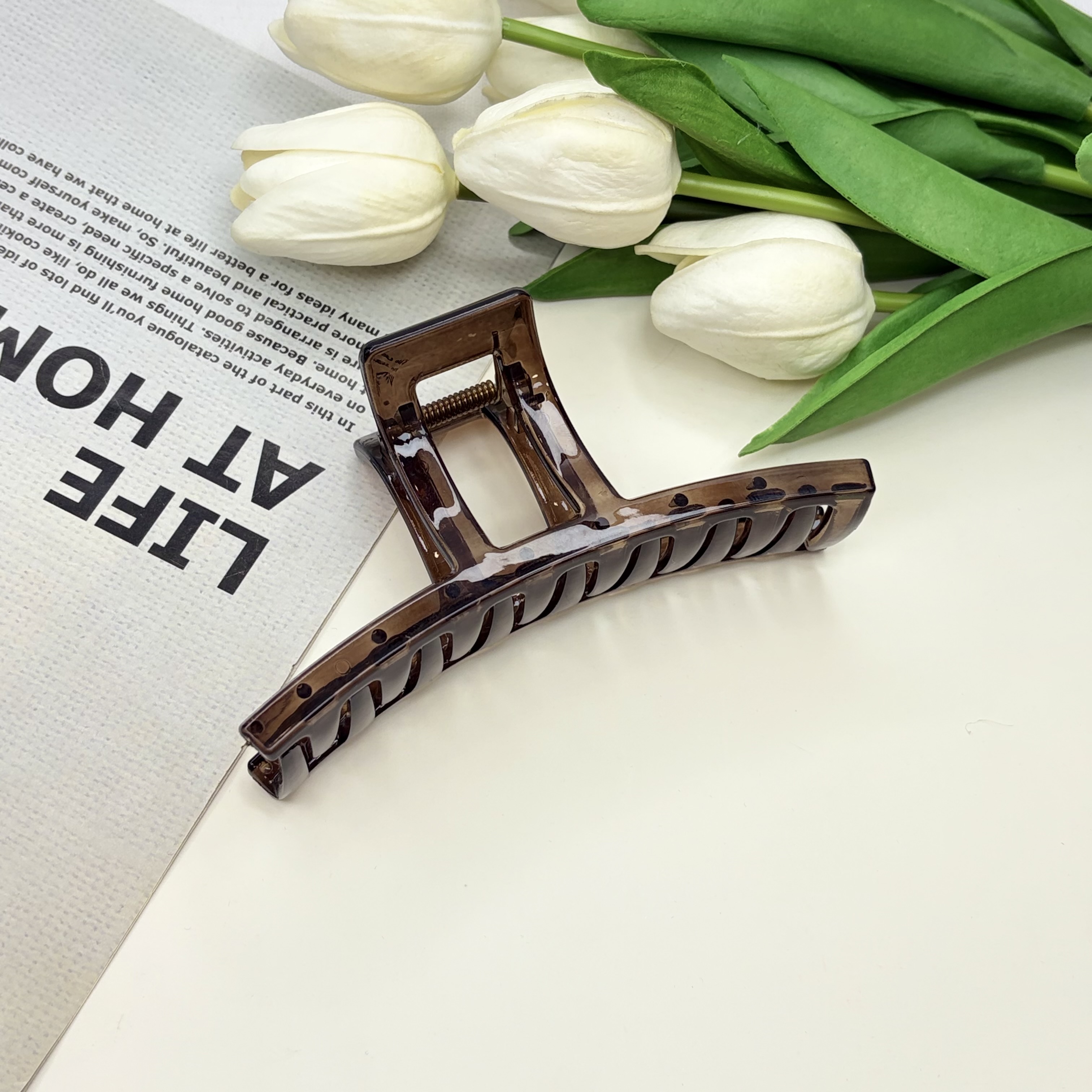 کلیپس خطی نشکن سایز بزرگ طرح دار شفاف پلنگی12.5cm