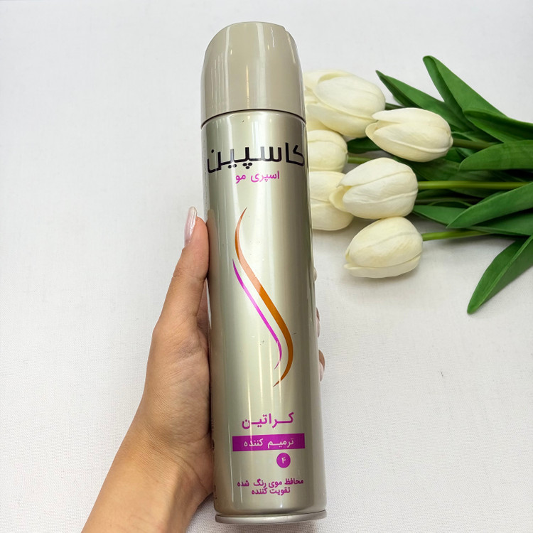 اسپری مو کاسپین مدل ترمیم کننده مناسب موهای کراتین و محافظ موی رنگ شده و تقویت کننده ۲۵۰میل