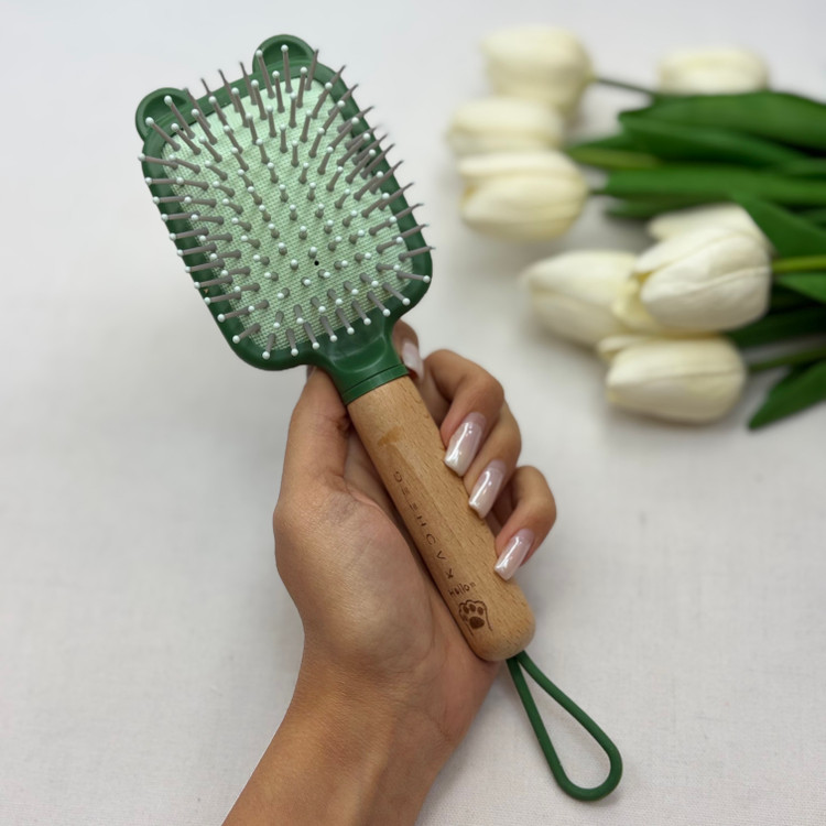برس مو ضد الکتریسیته دسته چوبی فانتزی طرح مستطیل خرسی