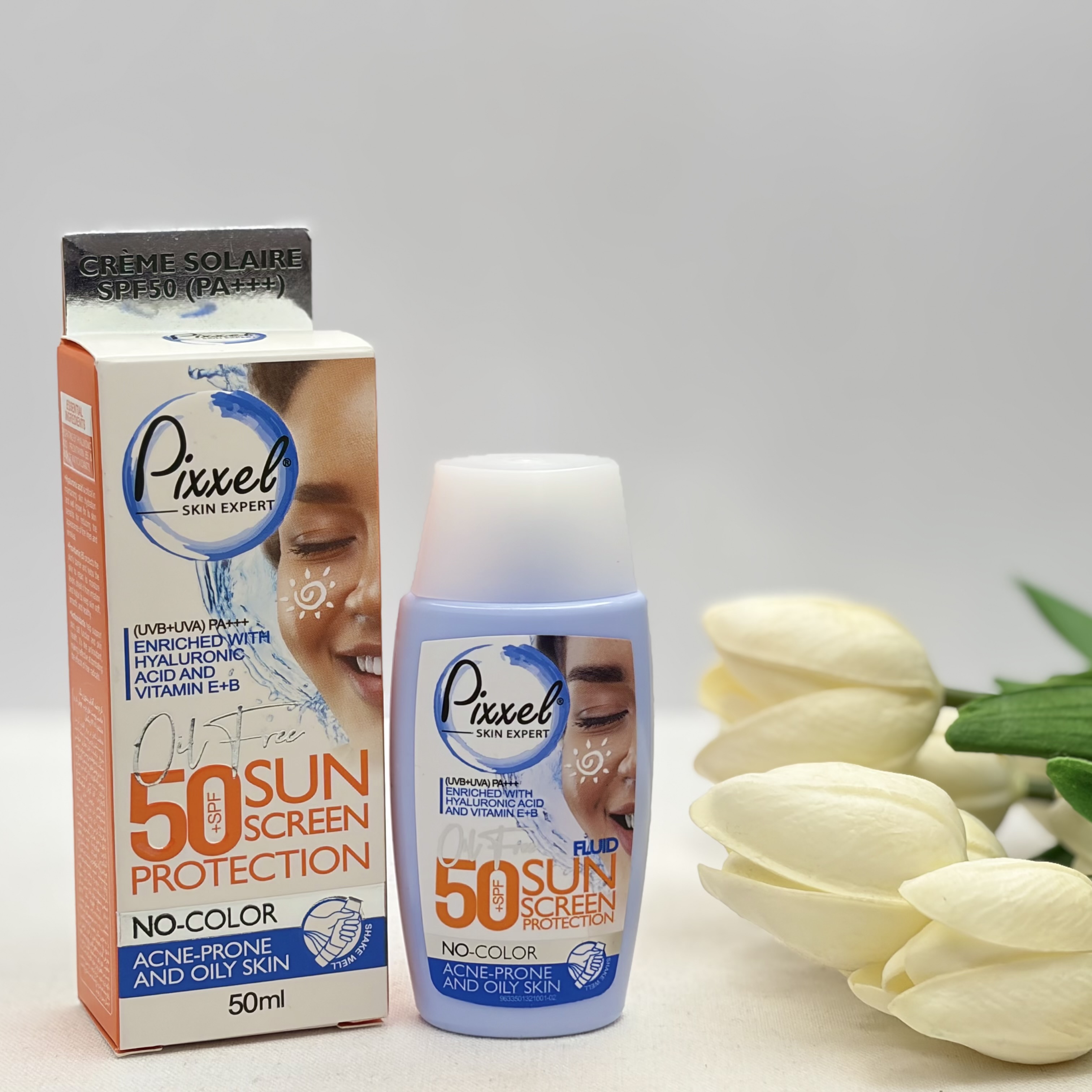 کرم ضدآفتاب بدون رنگ پیکسلspf50مناسب پوست های چرب ،جوش دار و مختلط 50میل