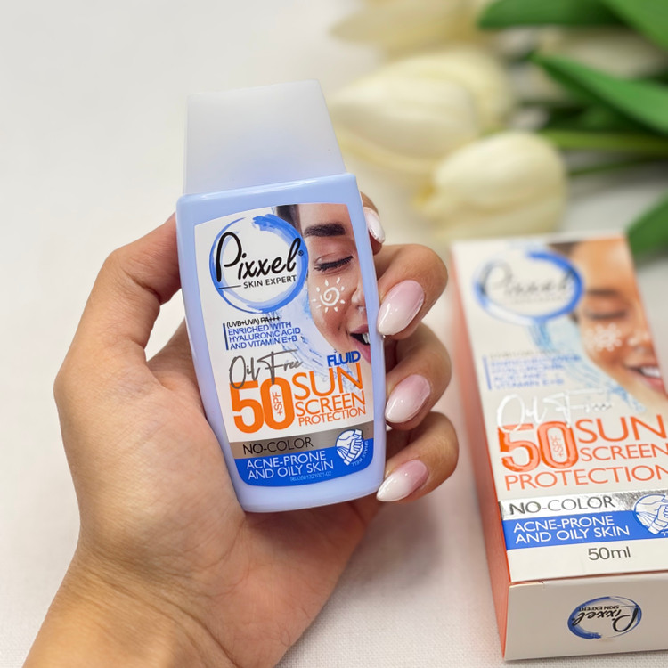 کرم ضدآفتاب بدون رنگ پیکسلspf50مناسب پوست های چرب ،جوش دار و مختلط 50میل
