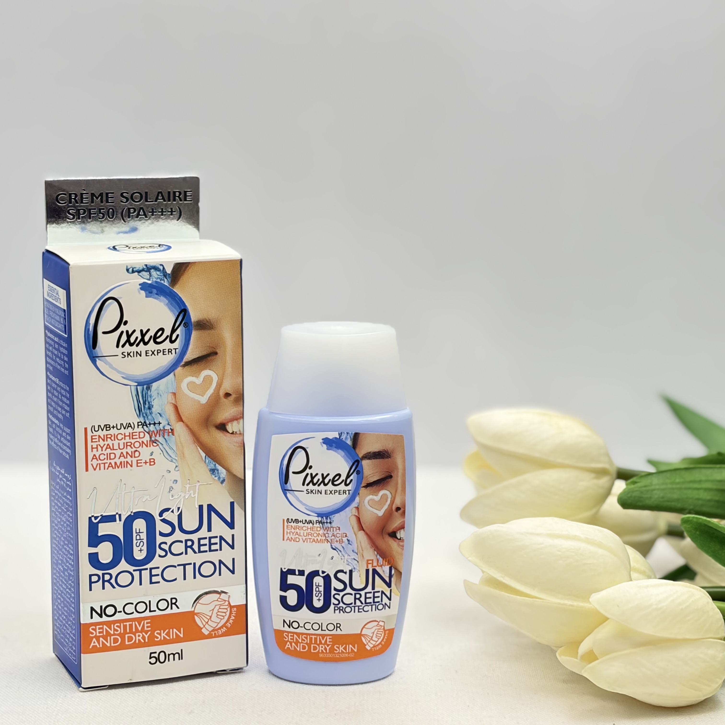 کرم ضدآفتاب بدون رنگ پیکسلspf50مناسب پوست های خشک تا نرمال و حساس 50میل