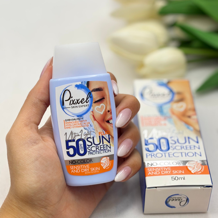 کرم ضدآفتاب بدون رنگ پیکسلspf50مناسب پوست های خشک تا نرمال و حساس 50میل