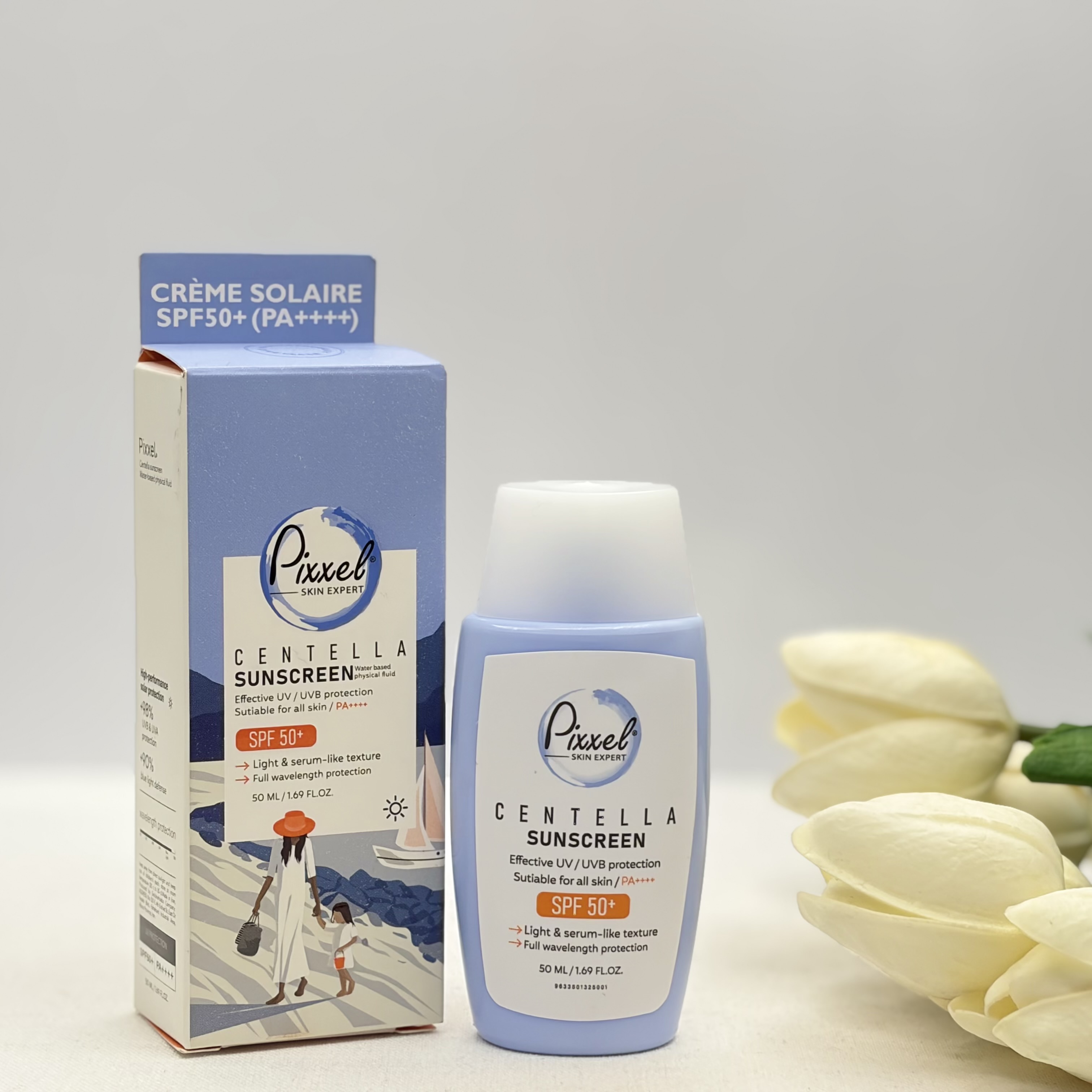 ضدآفتاب بدون رنگ پیکسل spf 50 مناسب انواع پوست ها ۵۰میل مدل سنتلا بسیار سبک مناسب زیر آرایش