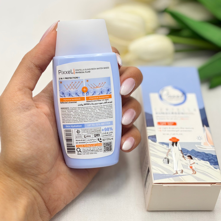 ضدآفتاب بدون رنگ پیکسل spf 50 مناسب انواع پوست ها ۵۰میل مدل سنتلا بسیار سبک مناسب زیر آرایش