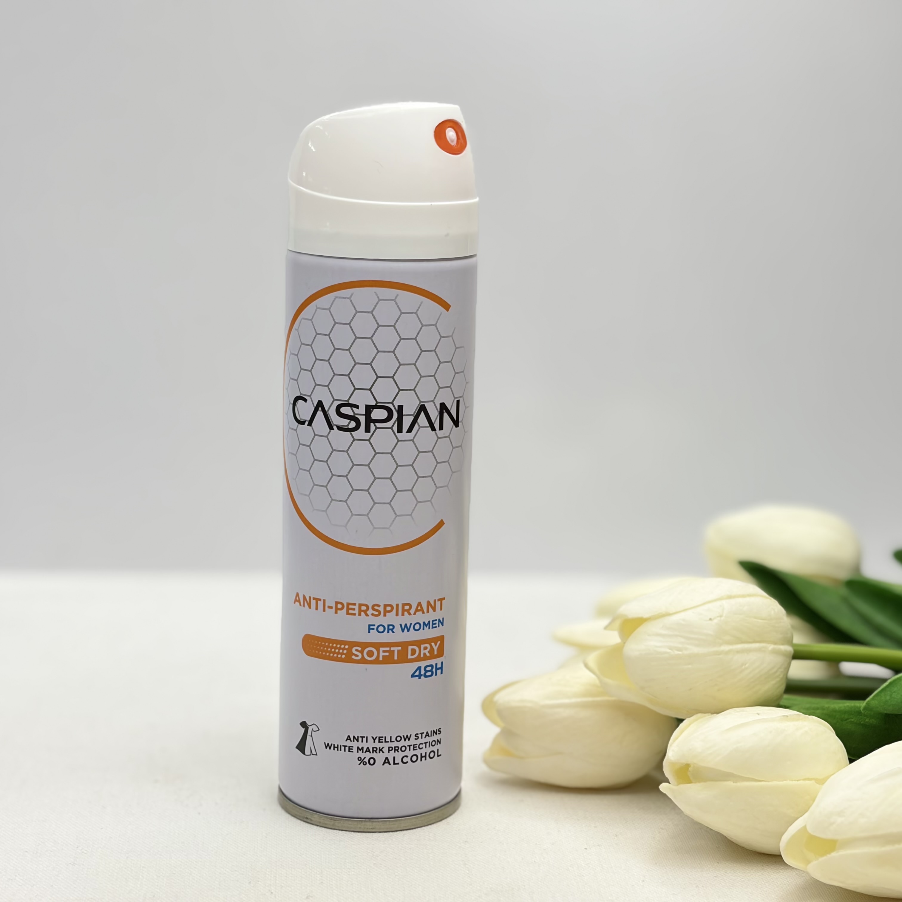 اسپری ضدتعریق بدن زنانه کاسپین مدل SOFT DRY ماندگاری ۴۸ساعته۱۵۰میل