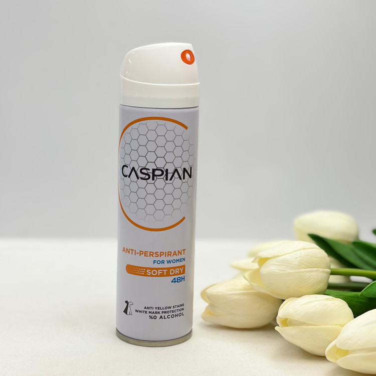 اسپری ضدتعریق بدن زنانه کاسپین مدل SOFT DRY ماندگاری ۴۸ساعته۱۵۰میل