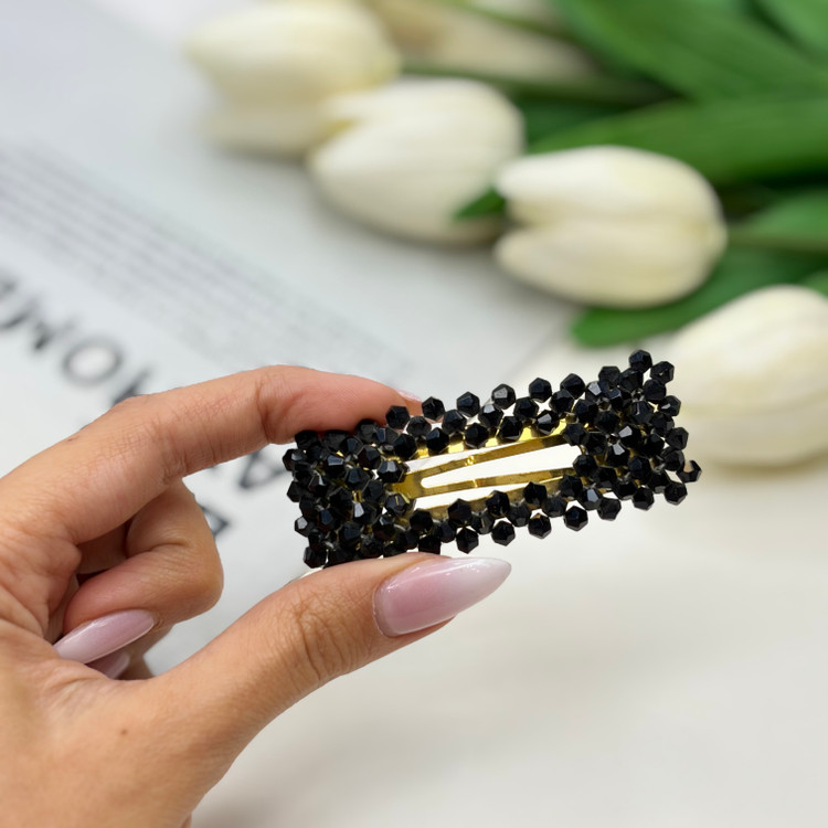گیره مو تق تقی کریستال بافته شده با نخ بیرنگ طرح مستطیل۷cm