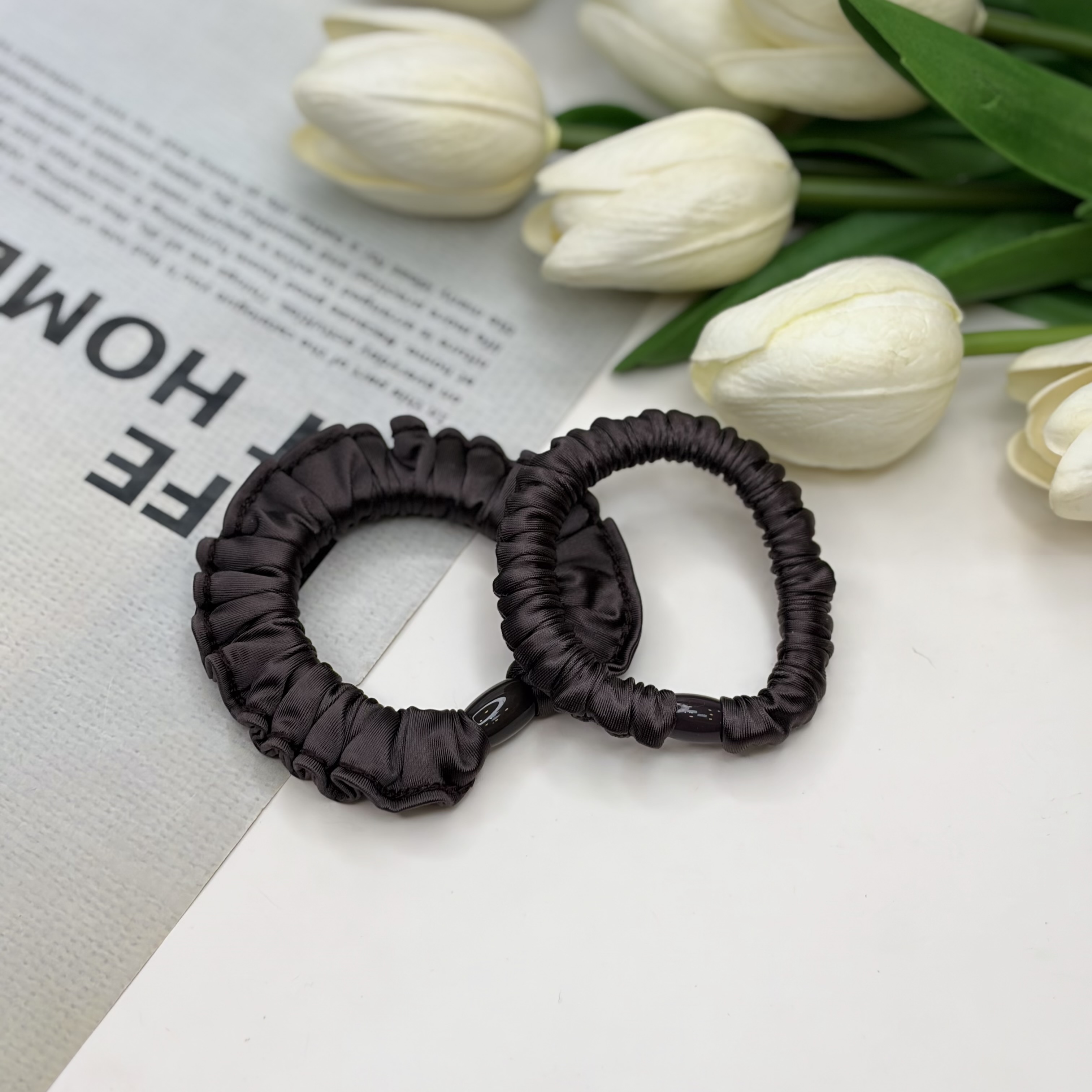 پک دوتایی کش مو ساتن باریک رنگ قهوه ای تیره