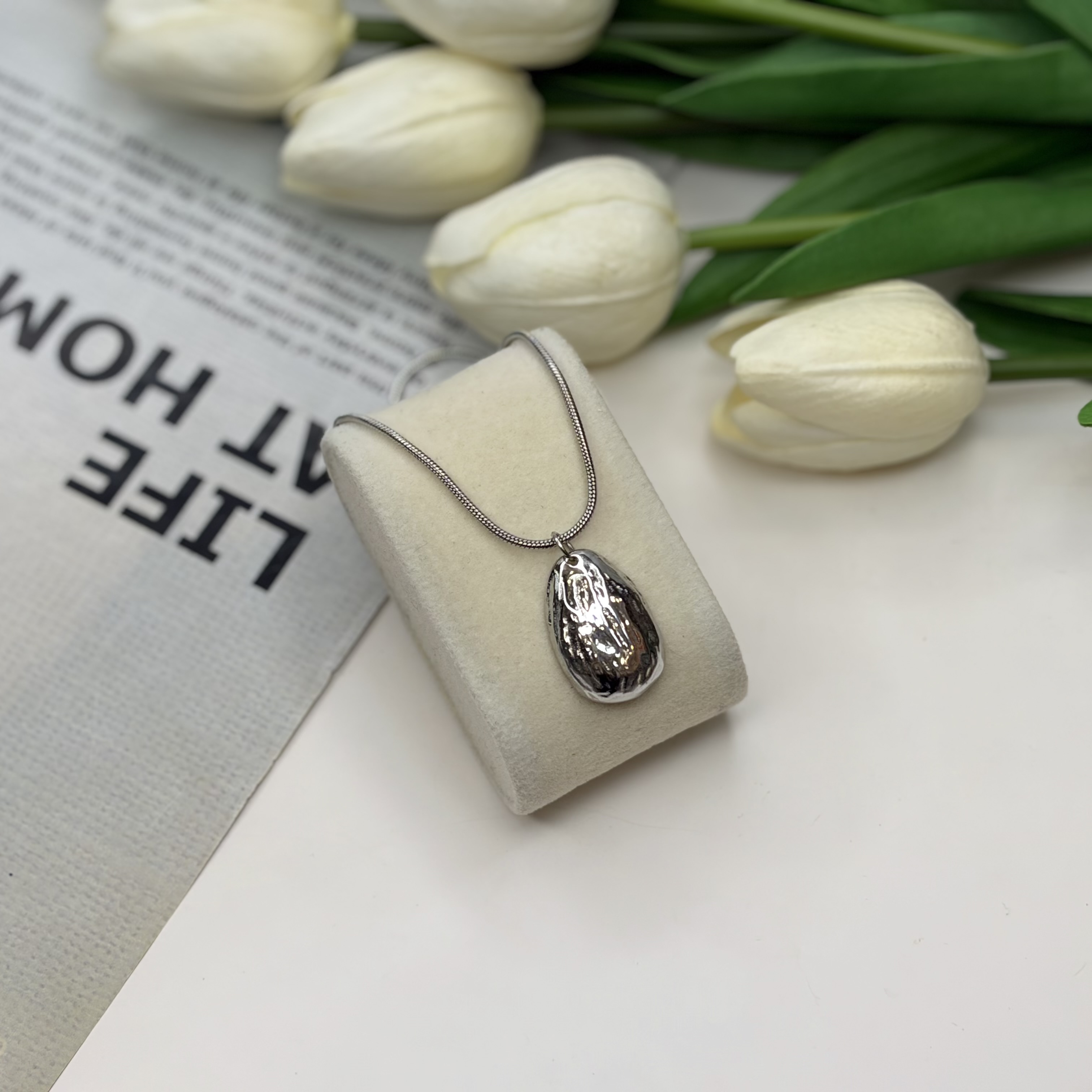 گردنبند استیل طرح اثرانگشت رنگ نقره ای