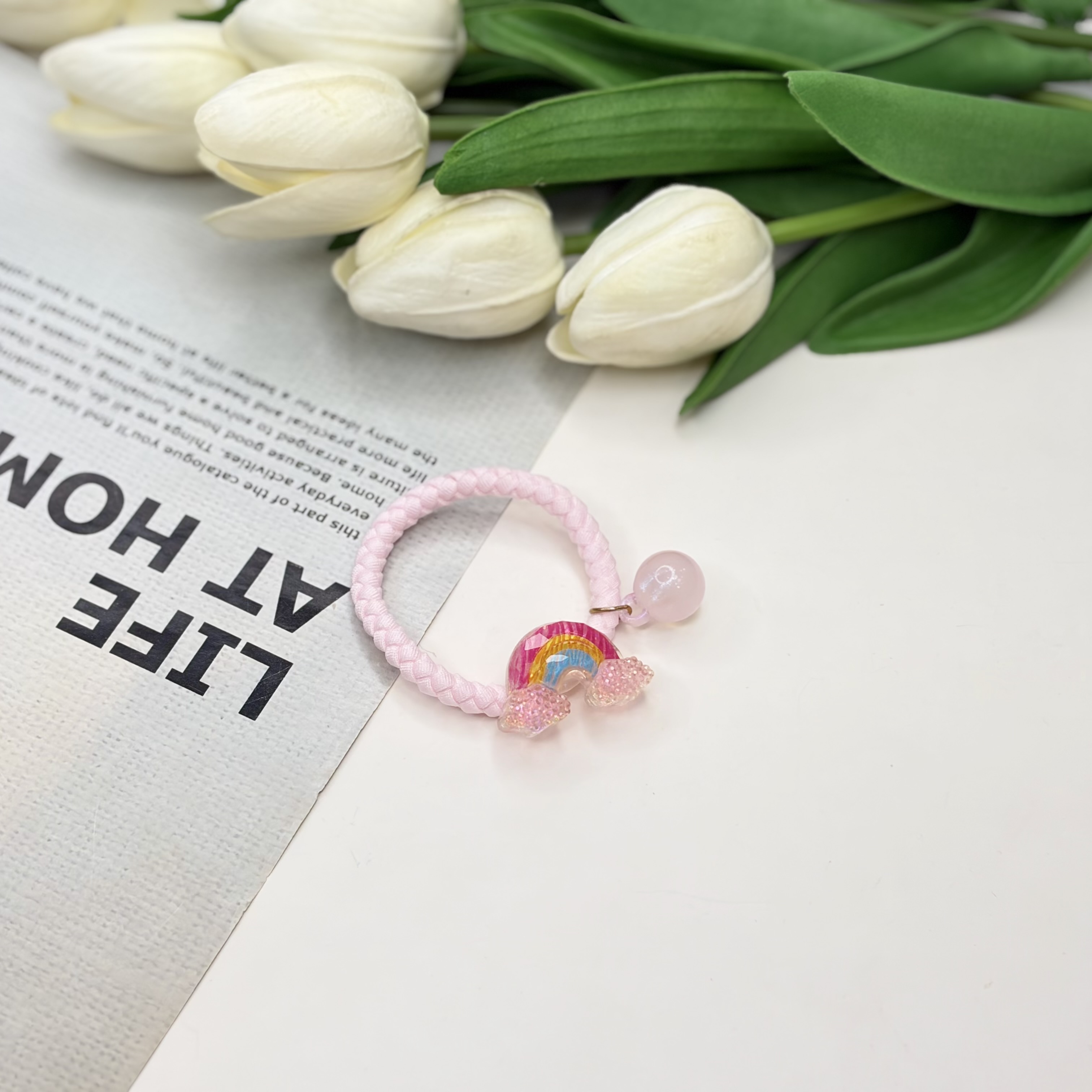 کش مو پیکسل دار طرح رنگین کمان صورتی
