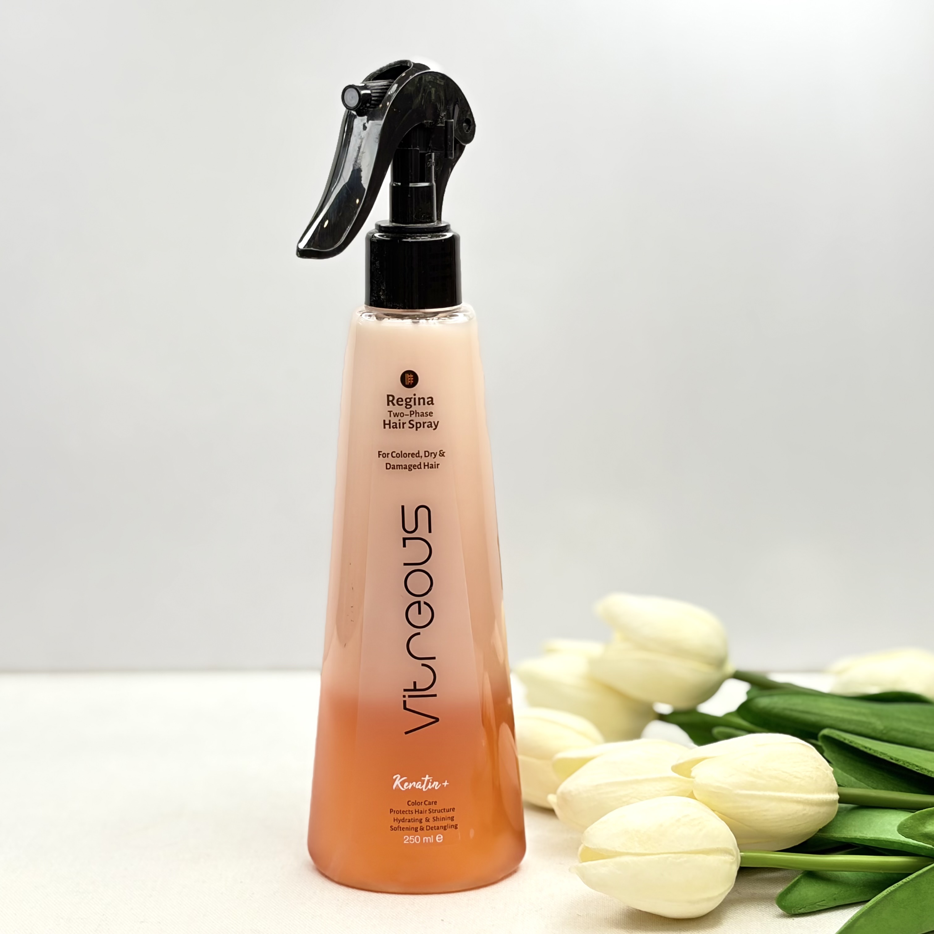 اسپری مو دوفاز ویتروس مدل رجینا حاوی کراتین و روغن آرگان تثبیت کننده رنگ مو مناسب موهای رنگ شده،خشک و آسیب دیده رنگ نارنجی ۲۵۰میل