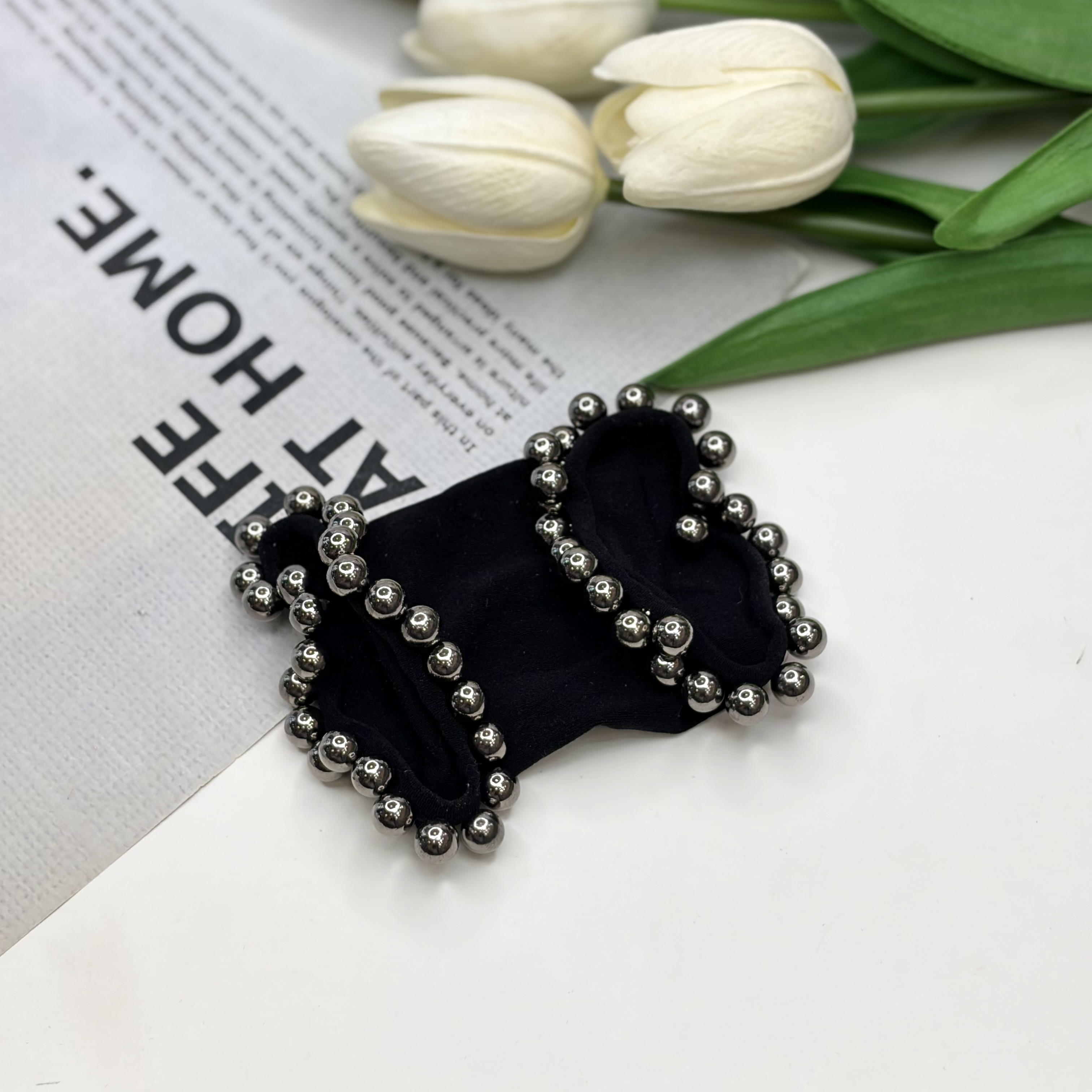 کش مو گوجه ای مشکی پهن مروارید پانچ (قابل استفاده برای مچ)
