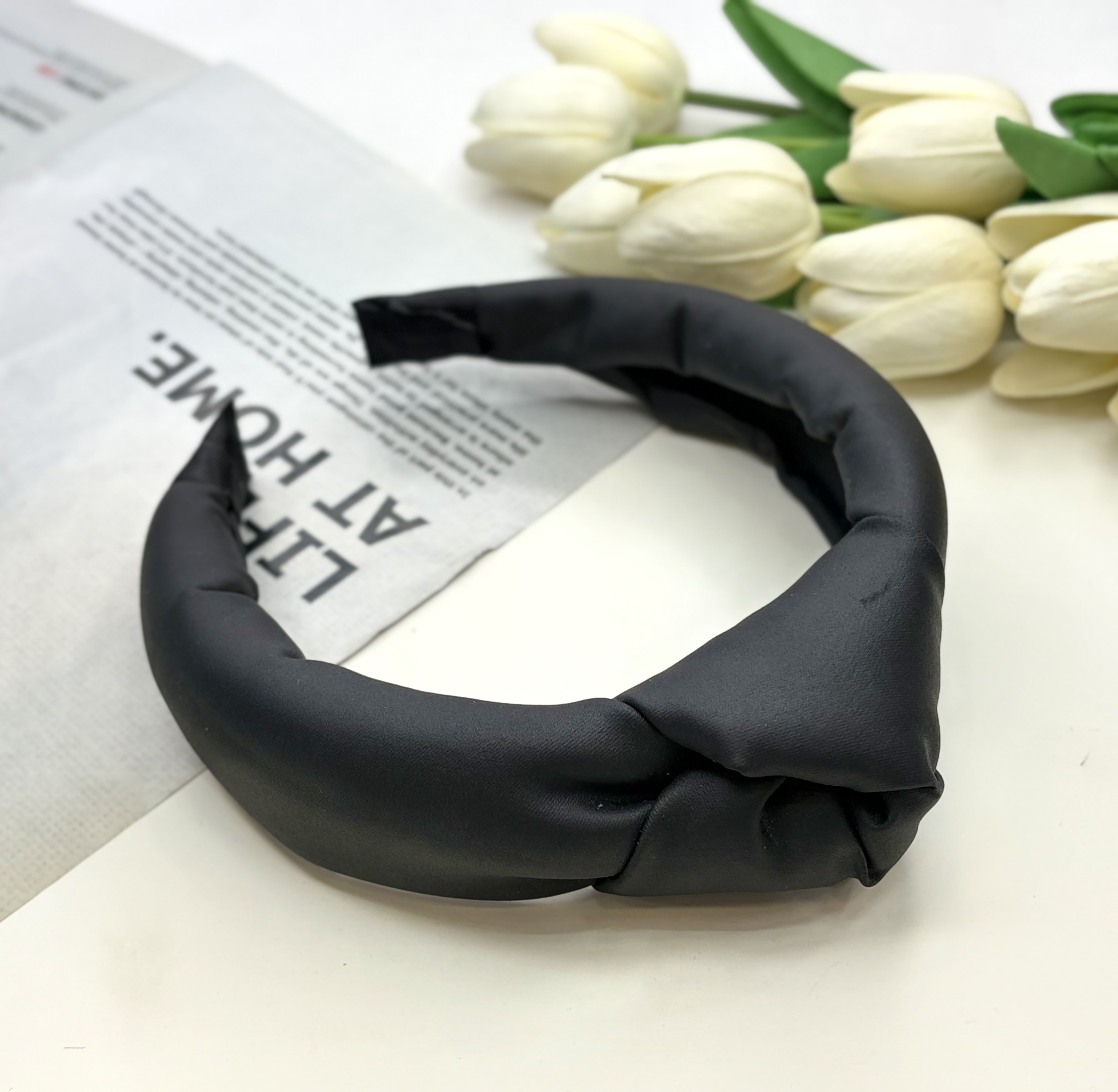 تل سر پهن طرح گره ای چرم رنگ مشکی  4.5 سانت