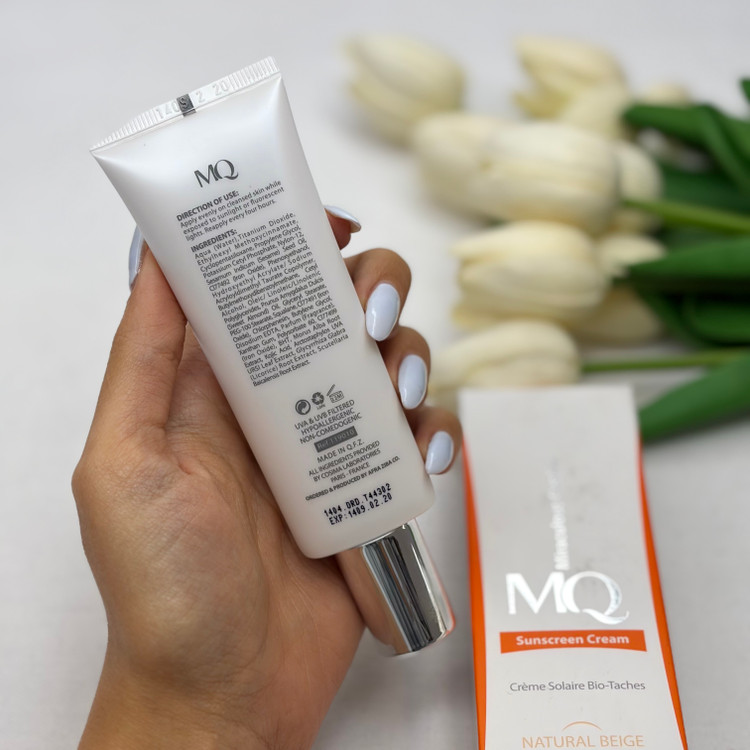 کرم ضد آفتاب SPF50 ضدلک bio-taches ام کیو MQ مدل Creme Solaire Sans Huileبژ طبیعیNatural Beigeمناسب انواع پوست و پوست مستعد لک55ml